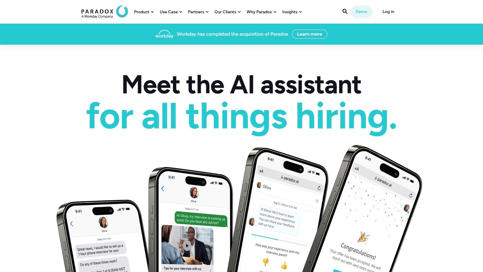 The Paradox (Olivia) conversational AI assistant guiding a candidate through a job application on a mobile device.