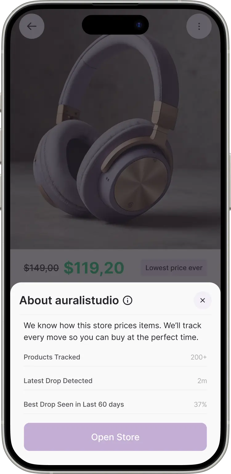 Whisprice app showing price history chart for AuricTone Over-Ear Wireless Headphones, with lowest price $119.20 and highest price $143.00 tracked over 60 days.