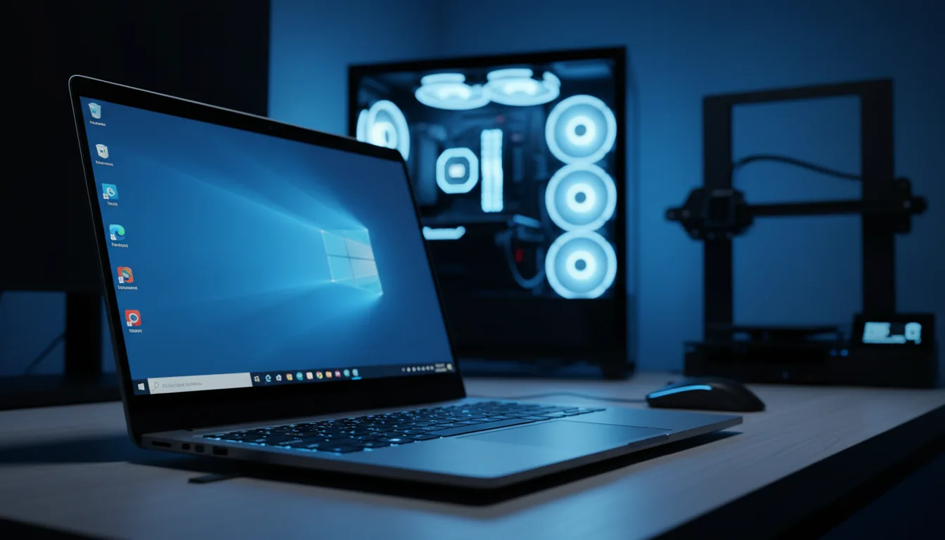 DSLR photograph of a sleek, dark silver laptop on a light wood grain desk, low-angle shot. The laptop screen displays a default blue wallpaper with a taskbar showing UI elements. In the soft-focus background, a custom PC workstation with glowing blue circular fans and a 3D printer are visible. Cinematic contrast lighting with strong blue ambient backlighting creates a tech-focused atmosphere, with shallow depth of field and tack-sharp focus on the laptop.