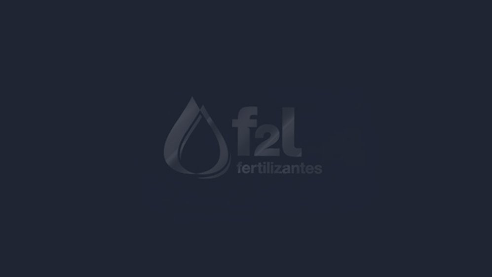 Fondo azul oscuro con un logo sutil y translúcido. El logo presenta la forma de una gota de agua junto al texto "f2l" y "fertilizantes." Tono minimalista y profesional.