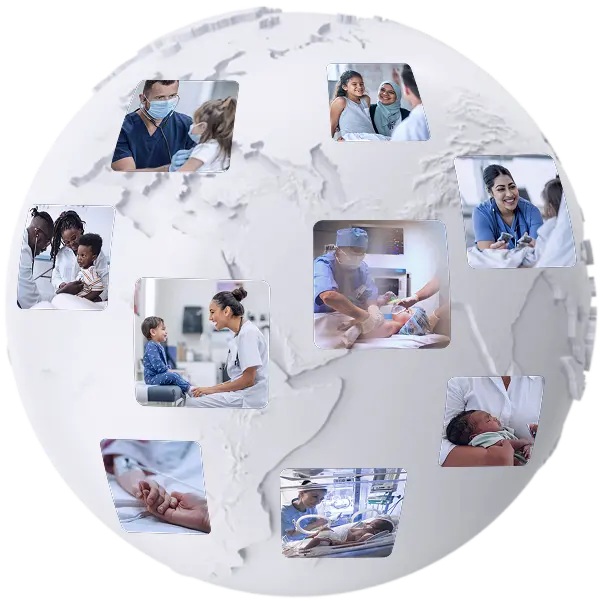 Illustration of the Earth with hospitals representing a global healthcare network