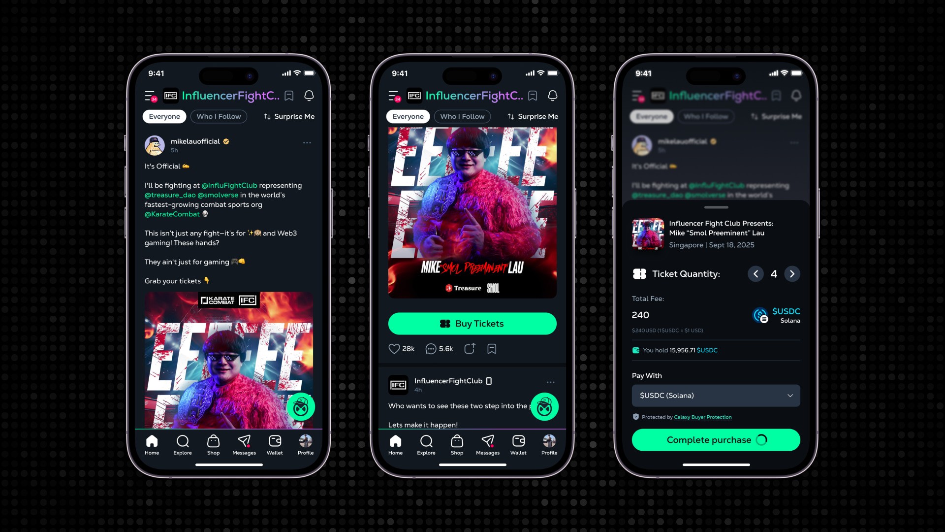Buyer discovery and purchase flow from the Closed Loop NFT Ticketing UX Prototype by Chadd Weston for Calaxy, showing a social feed post promoting an Influencer Fight Club event and entry point to buy blockchain-based tickets.