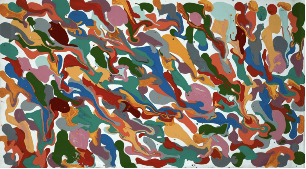 herd of sheep on road painting