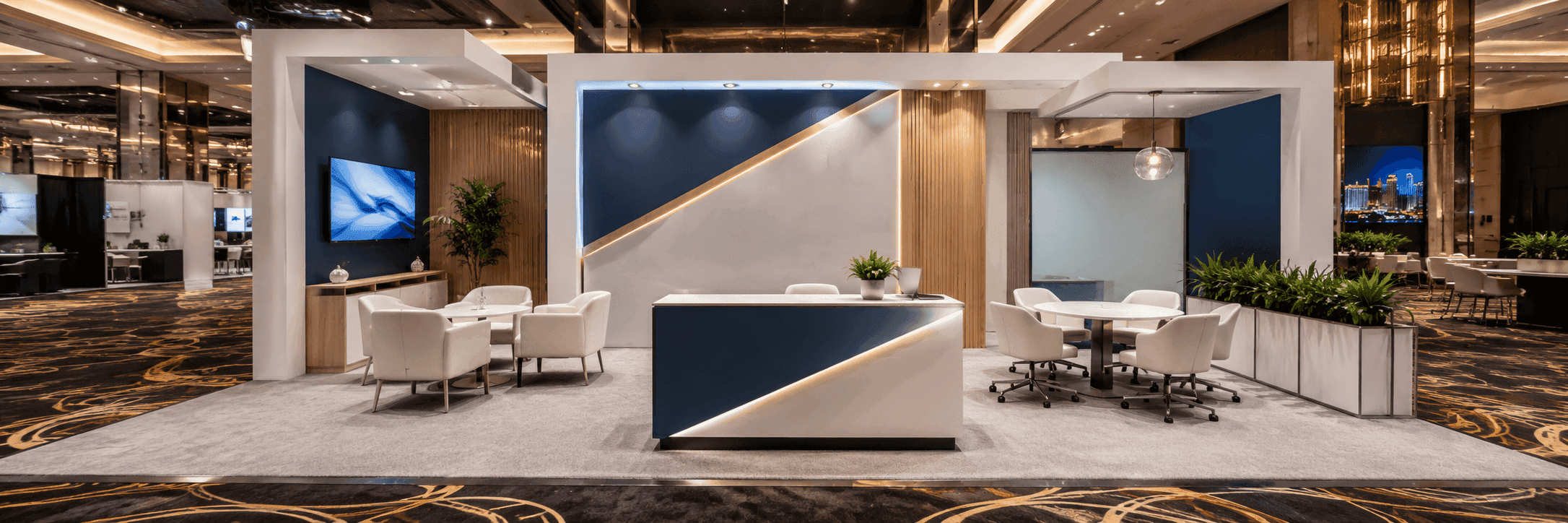 Caesars Forum booth planning with modular booth rental layout, reception counter, meeting zone, branded graphics, and professional conference booth setup in Las Vegas
