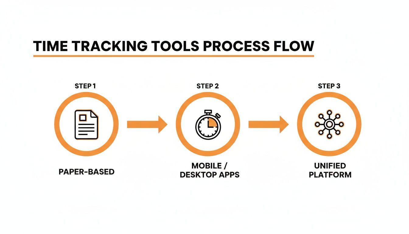 Process flow diagram showing the evolution of time tracking tools from paper to unified platforms.