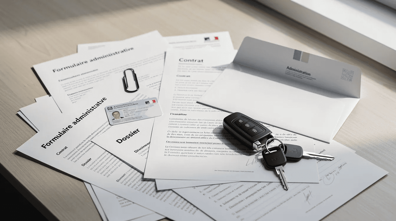 Sur un bureau, des documents administratifs, dont un certificat d'immatriculation et un certificat de non-gage, sont disposés aux côtés de clés de voiture. Ces éléments évoquent la gestion des véhicules hors d'usage (VHU) et les démarches administratives liées à leur traitement dans un centre VHU agréé.