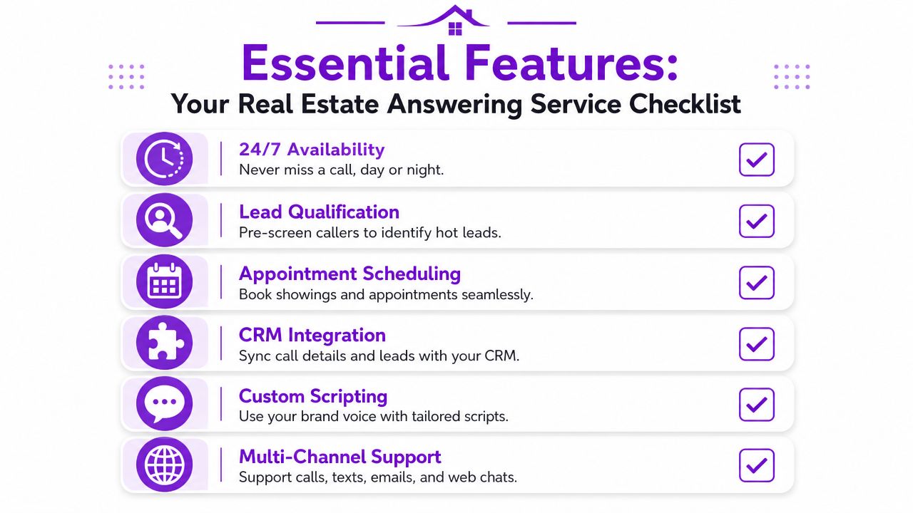 A checklist infographic outlining essential features of a real estate answering service, including lead qualification and scheduling.