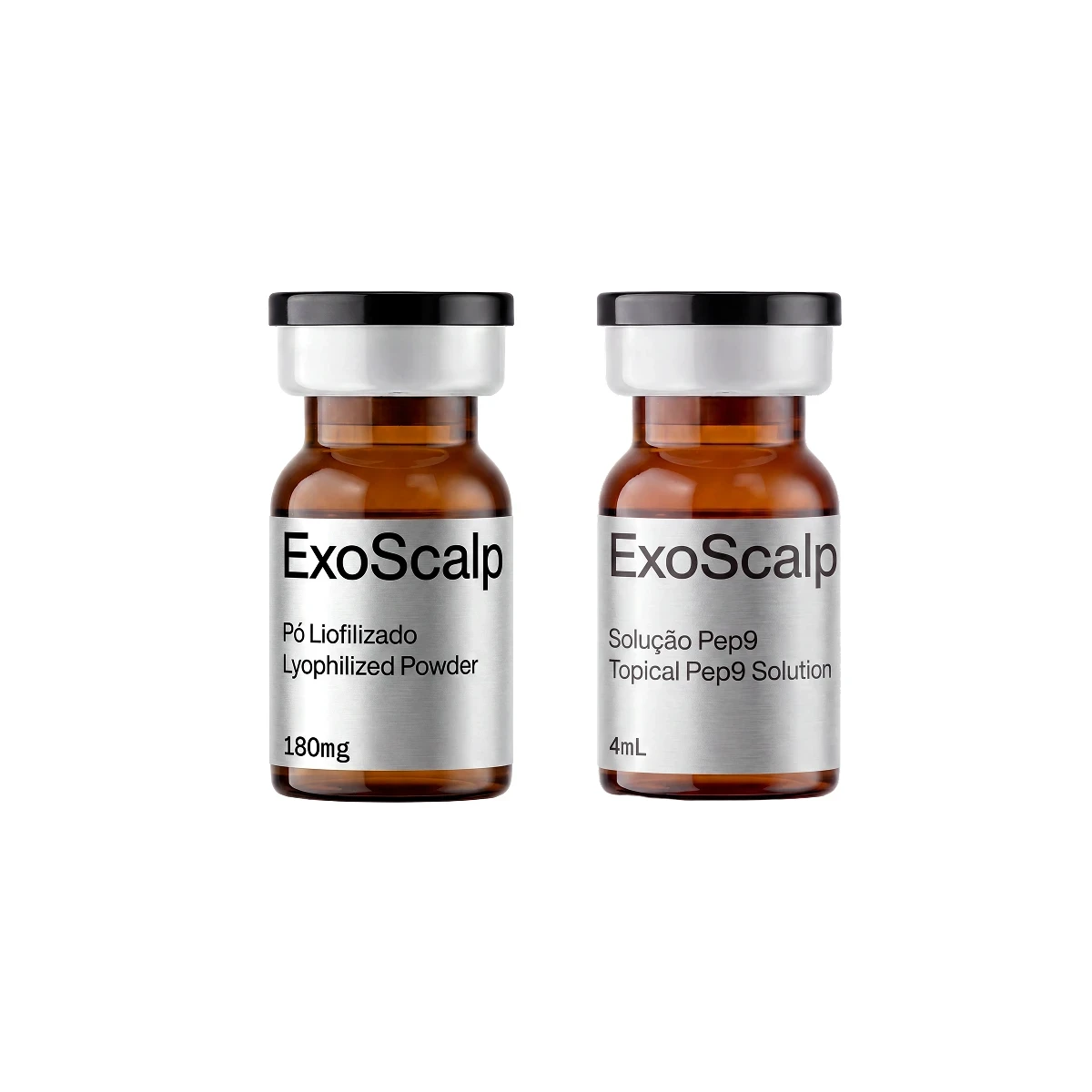 Ampola de exossomos capilares liofilizados e ampola de solução Pep9 com peptideos incluindo o GHK-Cu, ambos da marca PALIND'OR