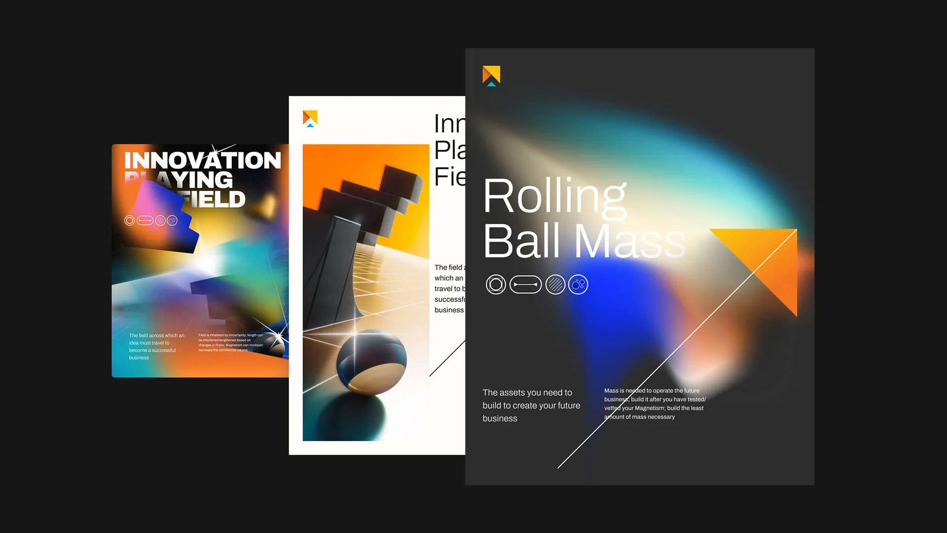 Abstract design featuring colorful backgrounds, graphics, and text elements on a dark surface.