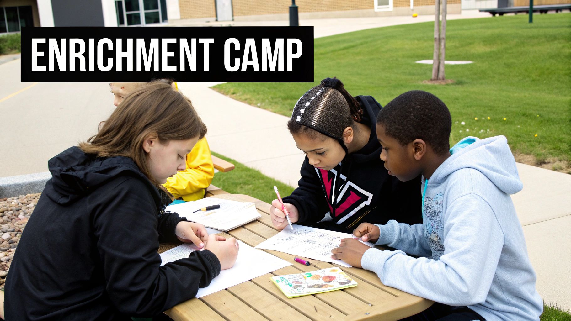 Children at an outdoor enrichment camp focused on learning, writing and drawing at a wooden picnic table.