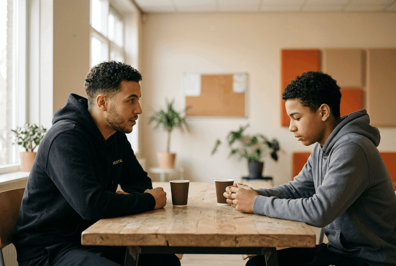 Begeleider en jongere in gesprek tijdens re-integratietraject