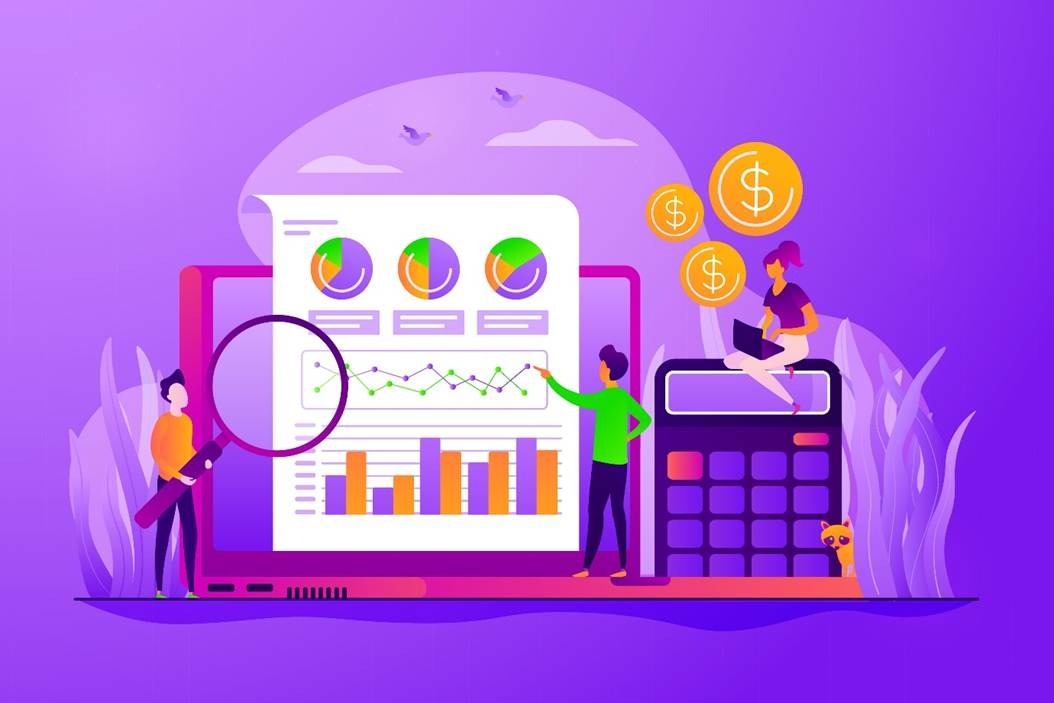 Illustration of marketers analyzing influencer campaign ROI with charts, magnifying glass, and dollar coins