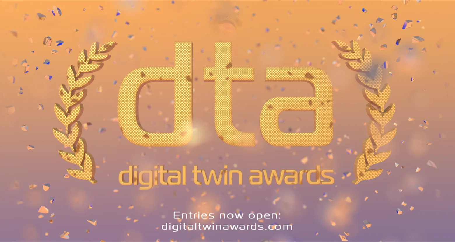 The official logo for the 2026 Digital Twin Awards, featuring a gold laurel wreath and text on an orange to purple gradient background, celebrating spatial data excellence.