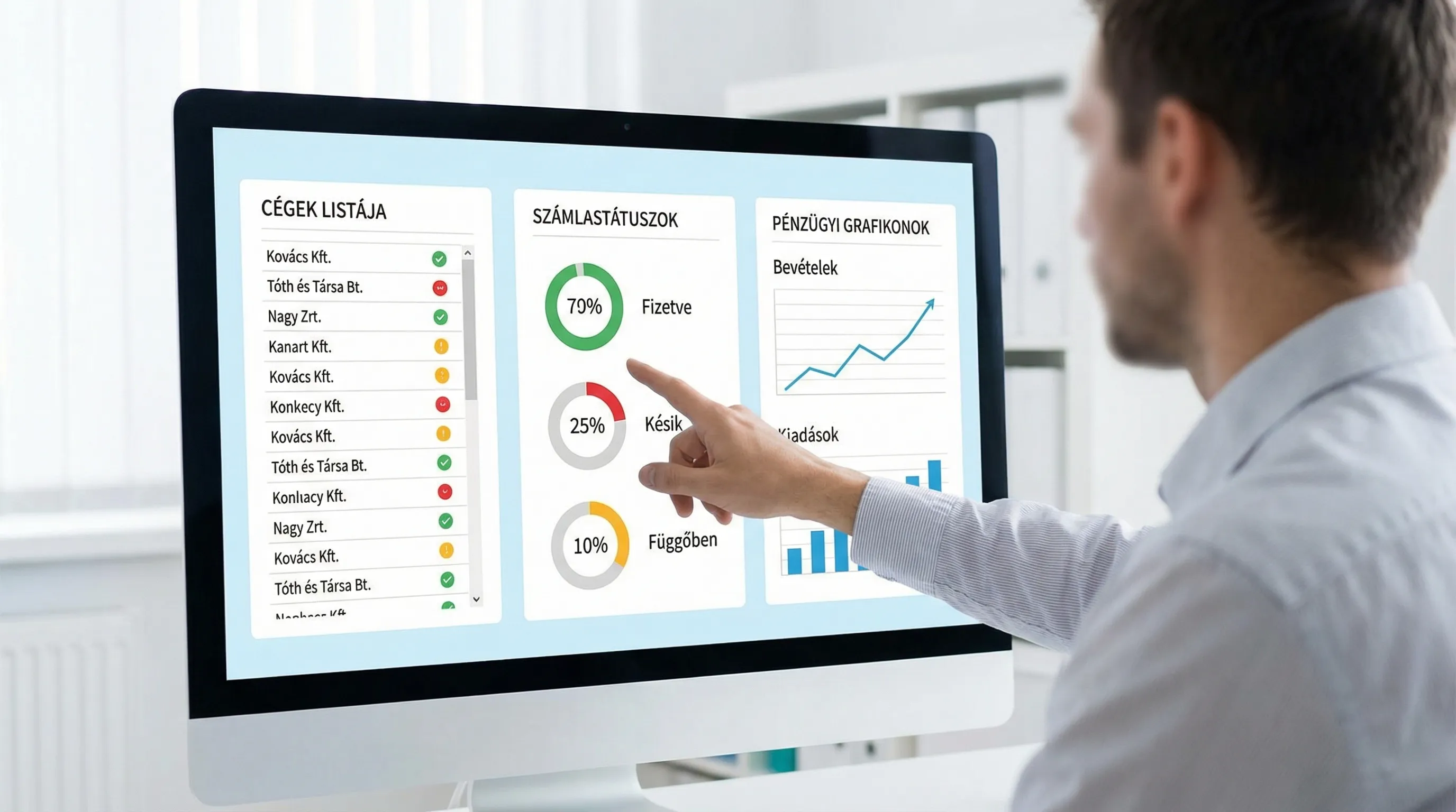 Egy egyszerű, áttekinthető illusztráció egy központi üzleti dashboardról: bal oldalt cégek listája, középen számlastátuszok, jobb oldalt alap pénzügyi grafikonok.