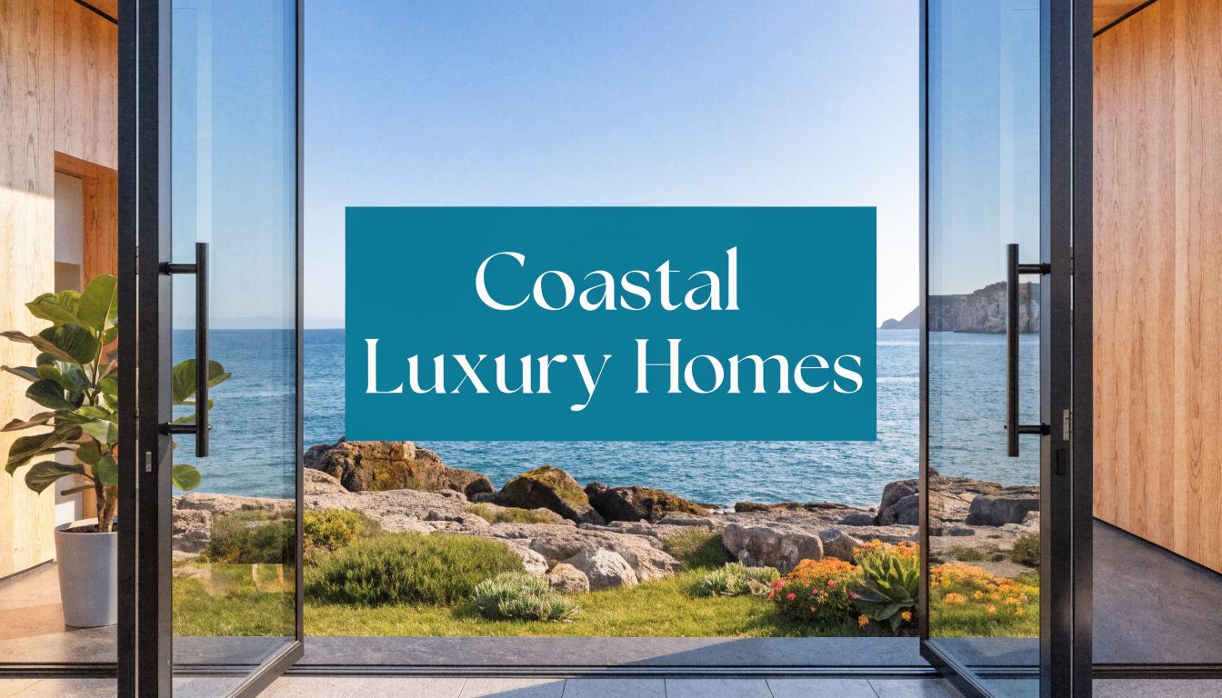 a set of large glass doors open to the beach with a blue banner reading 'coastal luxury homes'