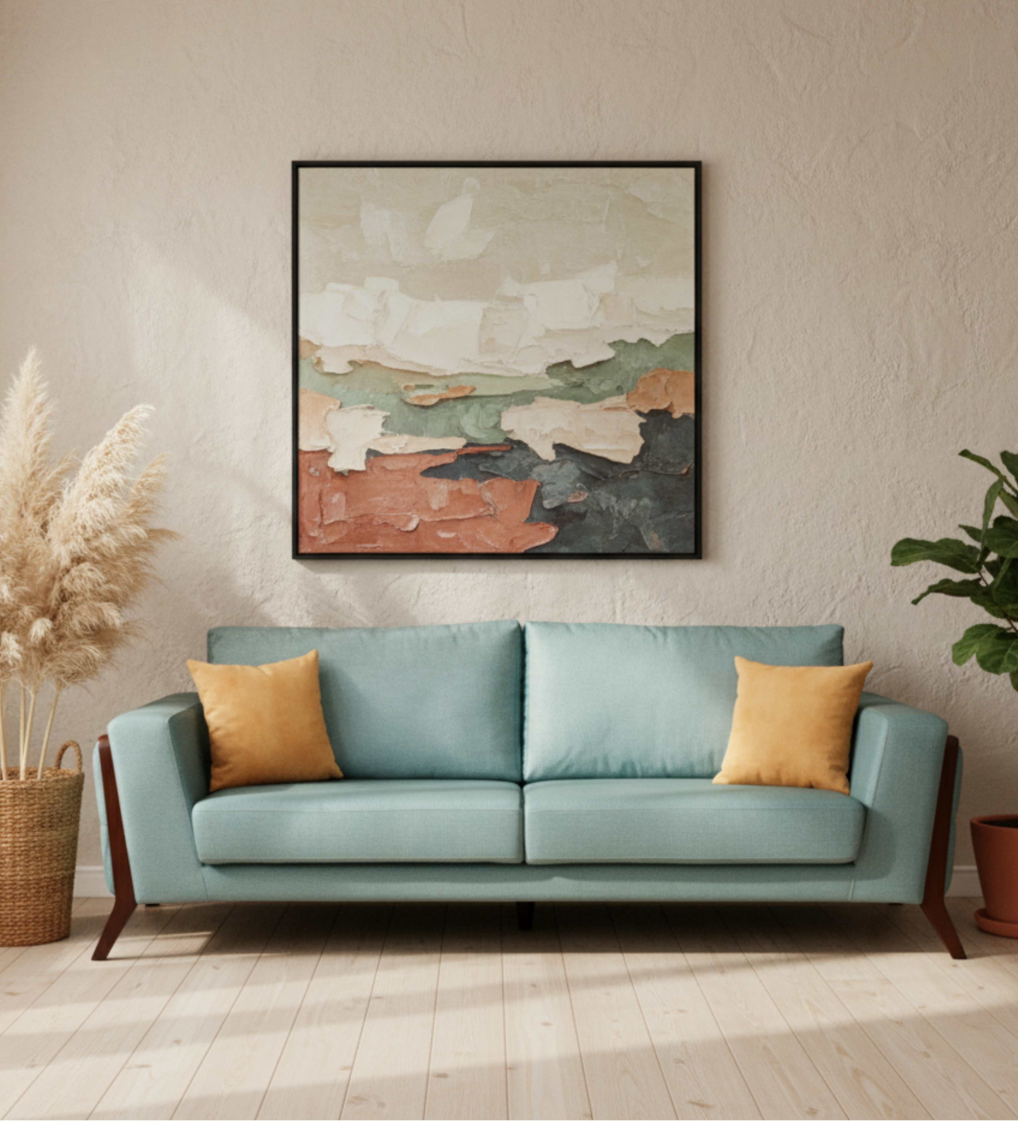 3-seater with teak arms and mustard cushions in retro-modern style.