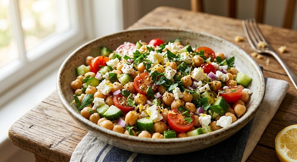 A vibrant Mediterranean chickpea salad bowl with cherry tomatoes, cucumber, red onion, feta cheese, and fresh parsley, served on a rustic wooden table by a sunlit window.