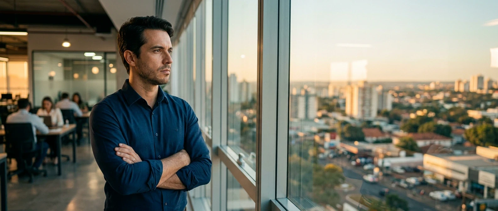 Empresário brasileiro de braços cruzados olhando pela janela do escritório para a cidade de Uberlândia, refletindo sobre perda de clientes para concorrentes