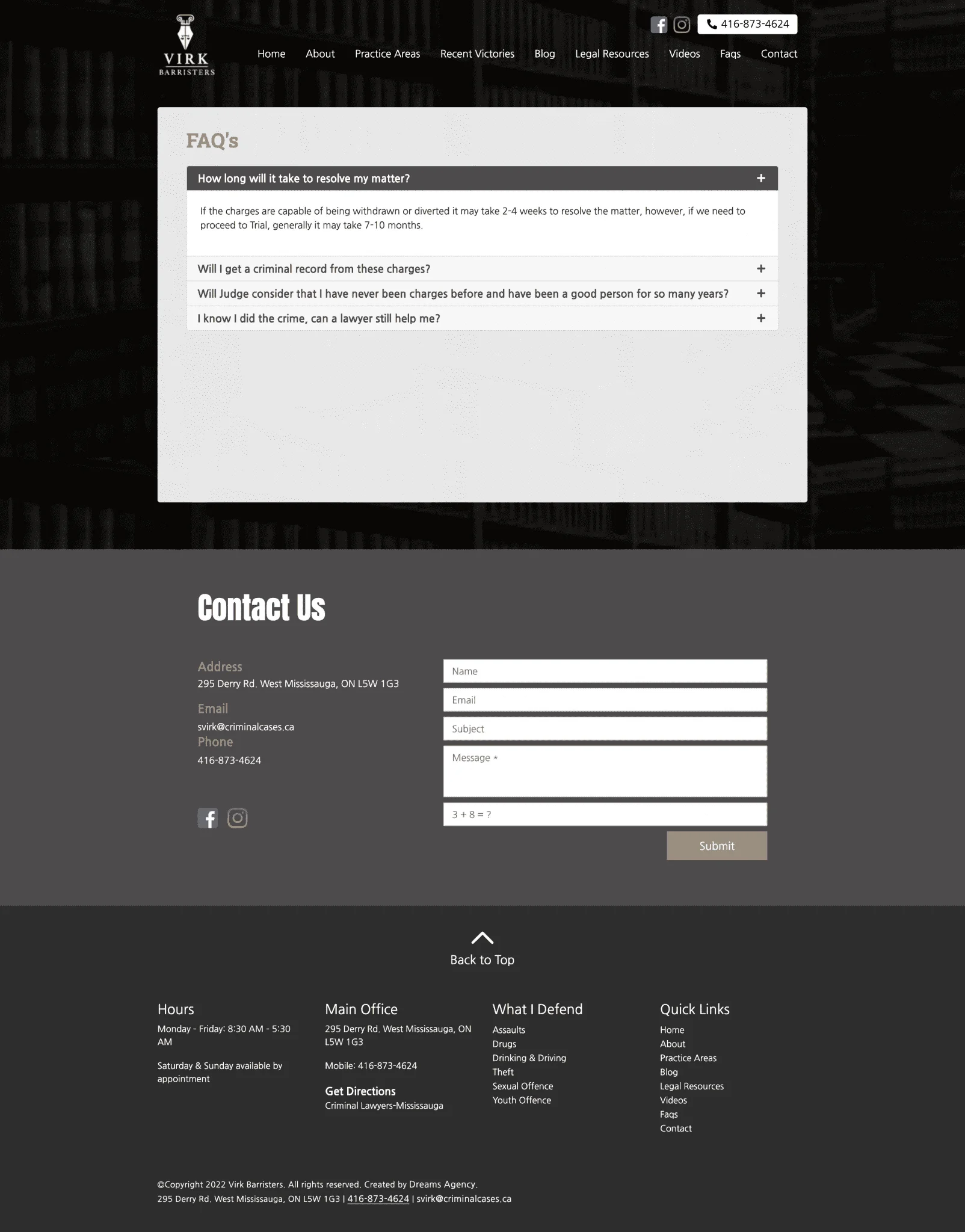 Faqs page for virkbarristers website developed & designed by Dreams Agency Mississauga, Ontario