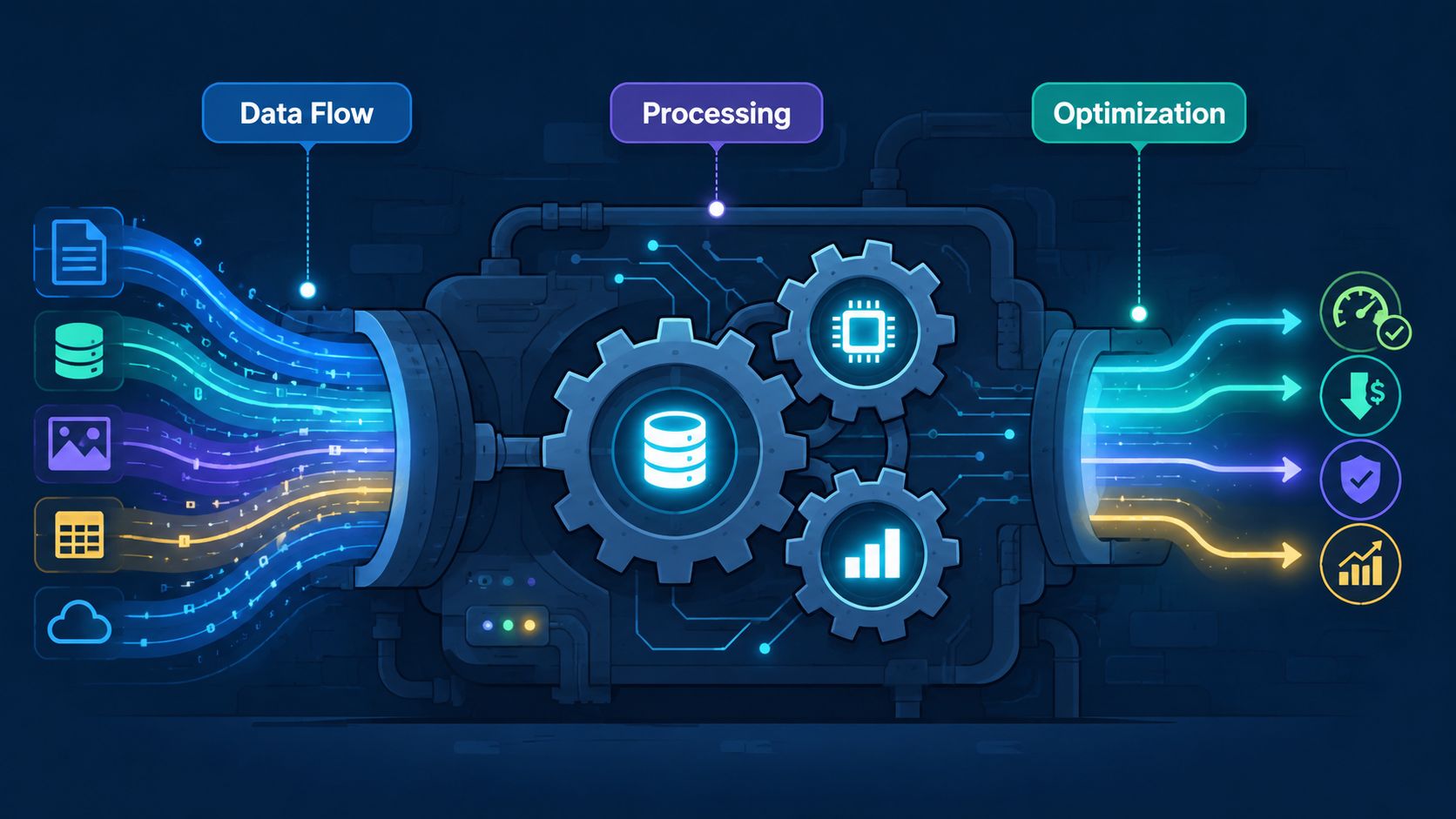 A digital illustration showing data flowing through a mechanical processing system for optimization and analytics.