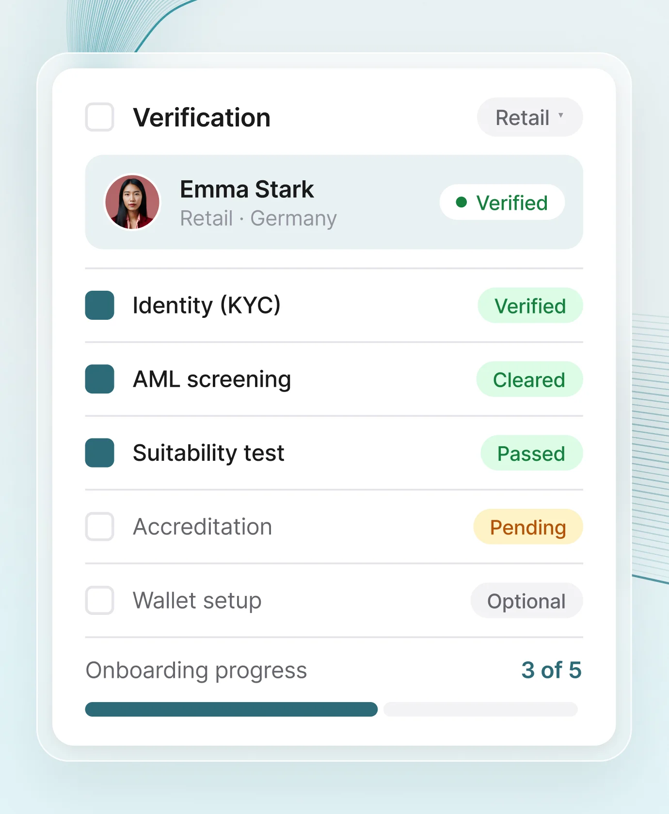 Checkliste zur Investorenverifizierung mit KYC-Identitätsprüfung, AML-Screening, Angemessenheitstest und Akkreditierungsstatus