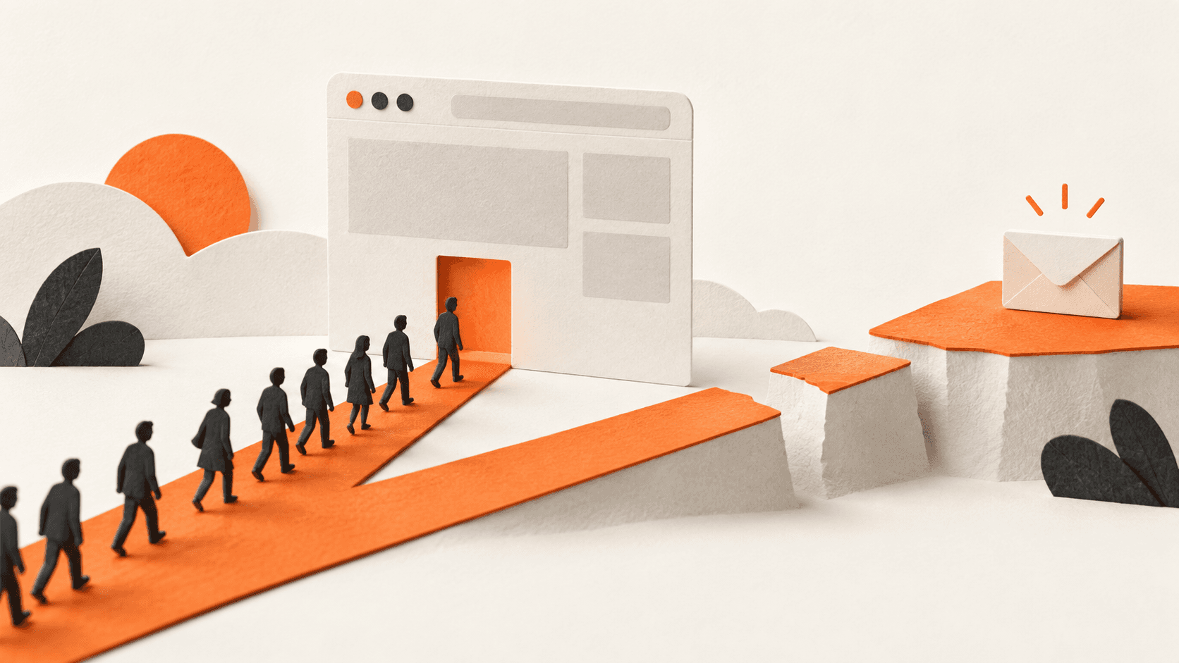 A stream of tiny dark paper figures approaches a simple website doorway; an orange path has one visible gap that prevents the figures reaching a small envelope at the far end.
