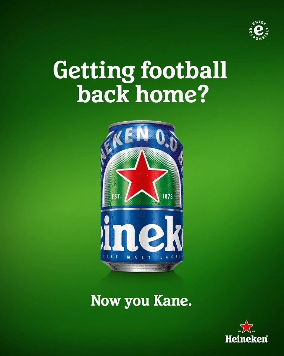 Heineken 0.0 UEFA Euro 2020 social post featuring chilled Heineken 0.0 alcohol-free can on green background with witty 'Getting football back home? Now you Kane' headline referencing England striker Harry Kane