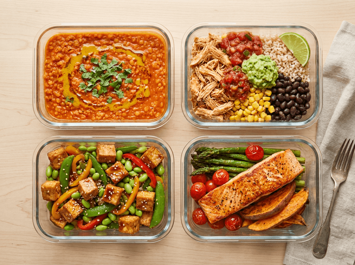 Four high protein meal prep containers with lentil dal, chicken bowl, tofu stir-fry, and salmon