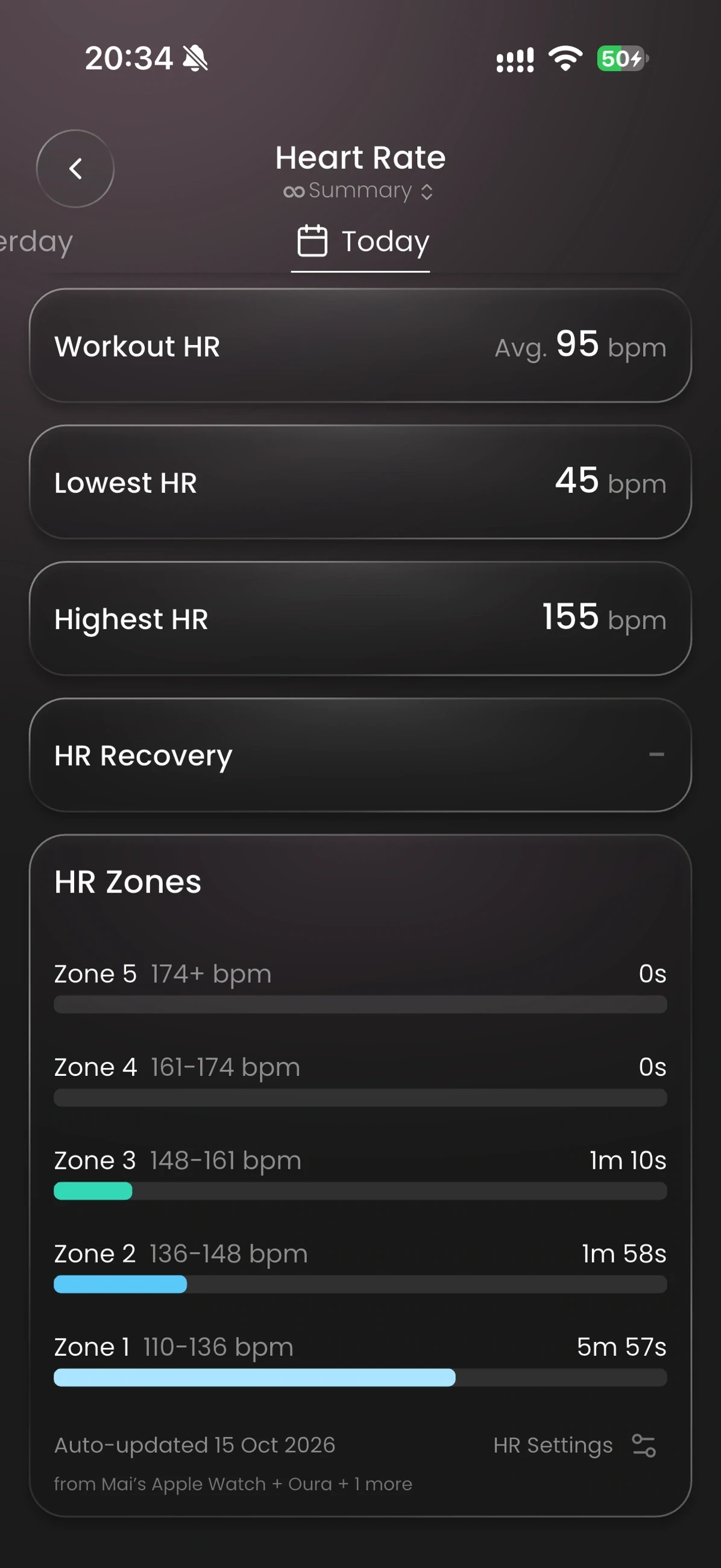 Heart Rate details: workout heart rate, lowest and highest heart rate and training zones