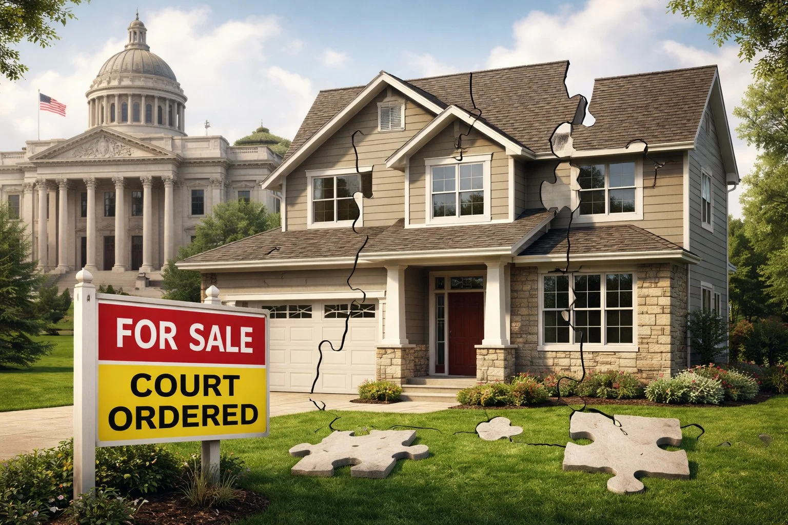 House in the foreground split into puzzle pieces with a courthouse in the background, symbolizing a property or legal dispute.