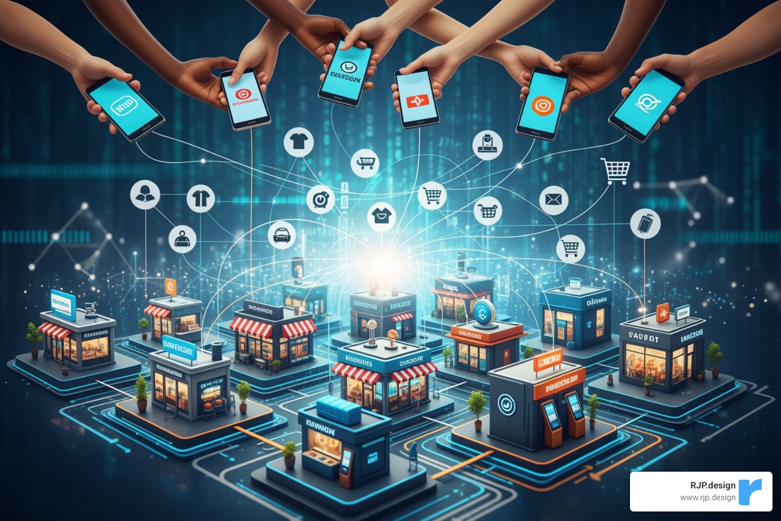 A futuristic digital marketplace interface with holographic product displays and AI-powered personalized shopping suggestions - ecommerce multi vendor