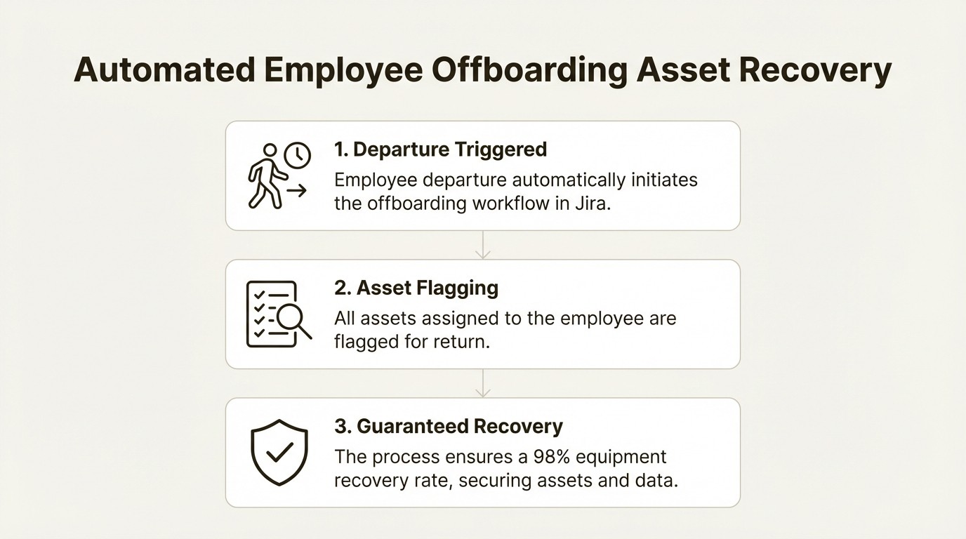 A workflow showing the automated employee offboarding process that lowers asset tracking cost by ensuring equipment recovery.