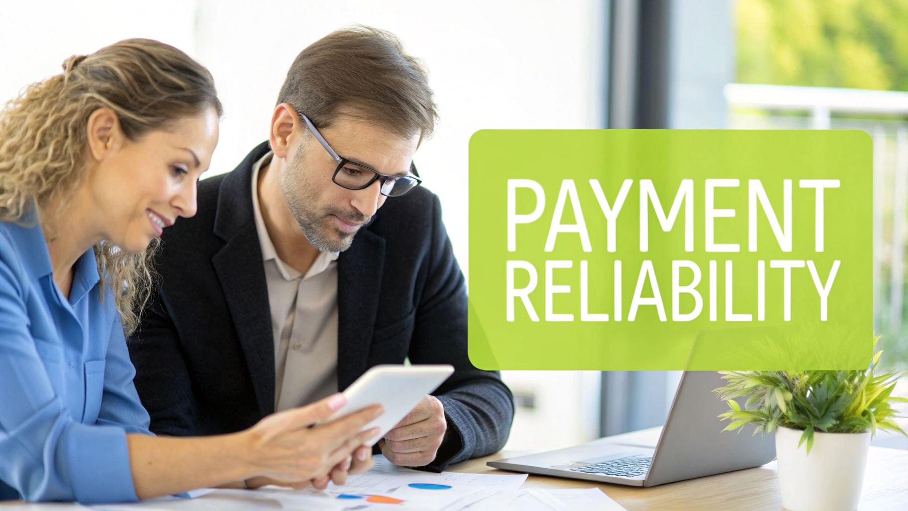Two business professionals reviewing data on a tablet, with 'PAYMENT RELIABILITY' text.