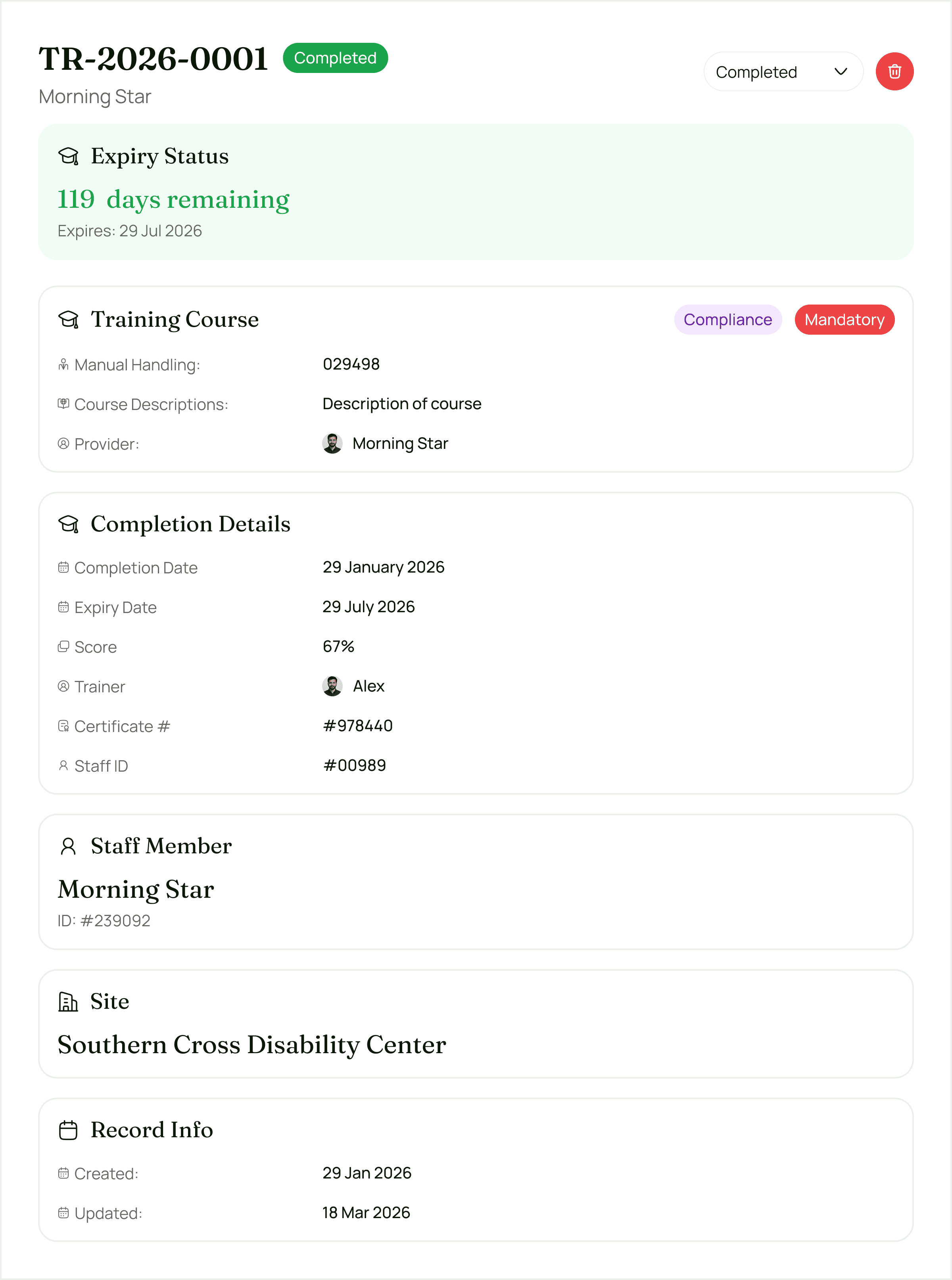 Aged care compliance software evidence management screen showing hormone therapy policy and linked ACQS 2025 requirements