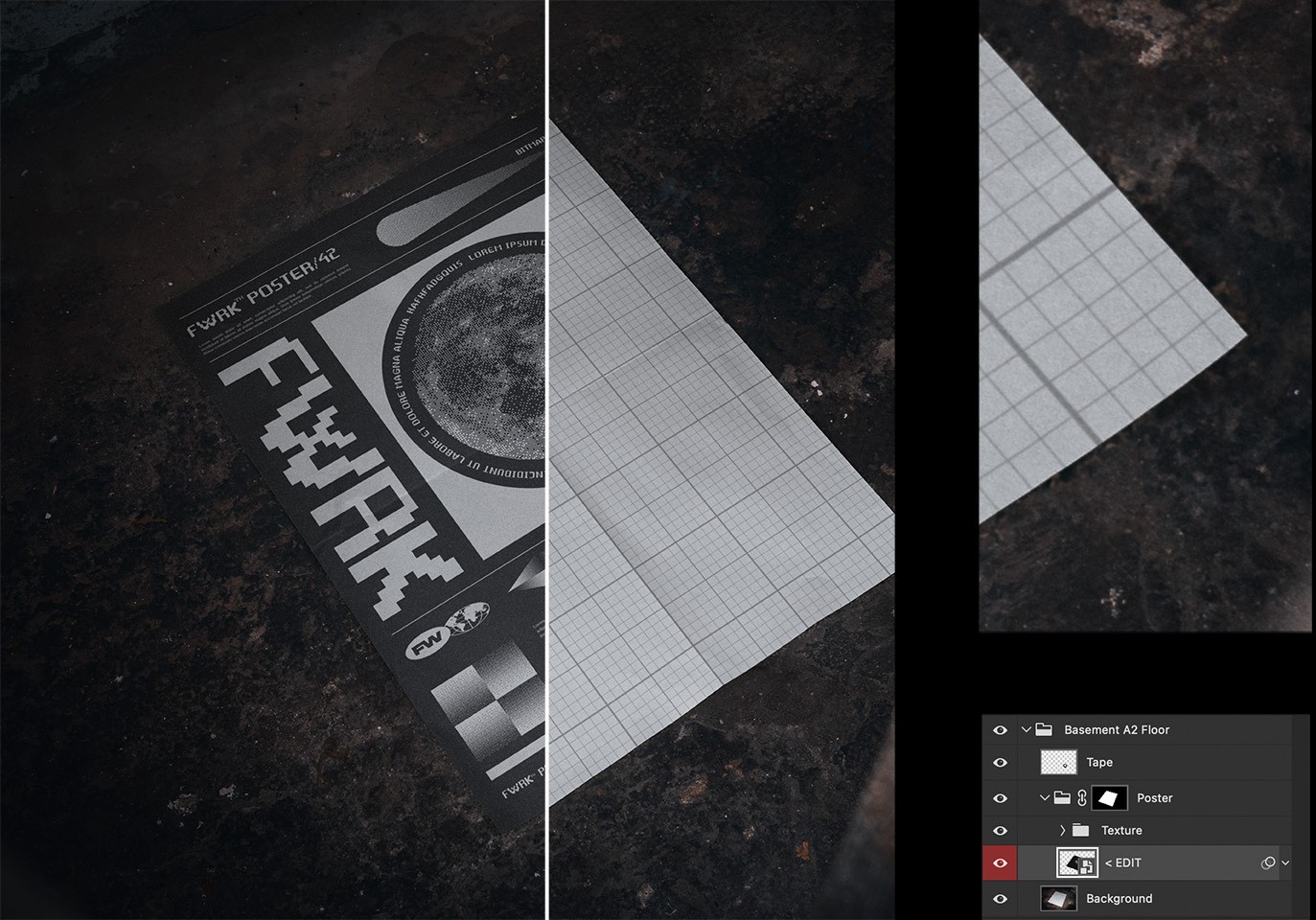 Basement A2 Poster Mockup technical view highlighting the Photoshop smart object layers and paper folds