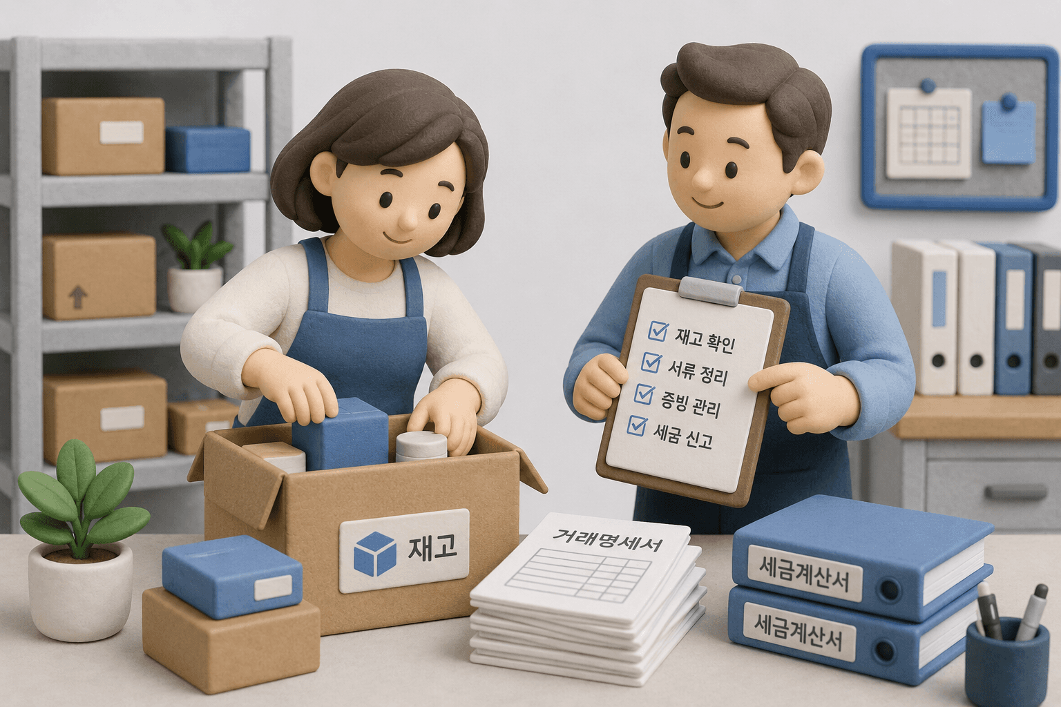 재고와 서류를 함께 정리하는 두 사람