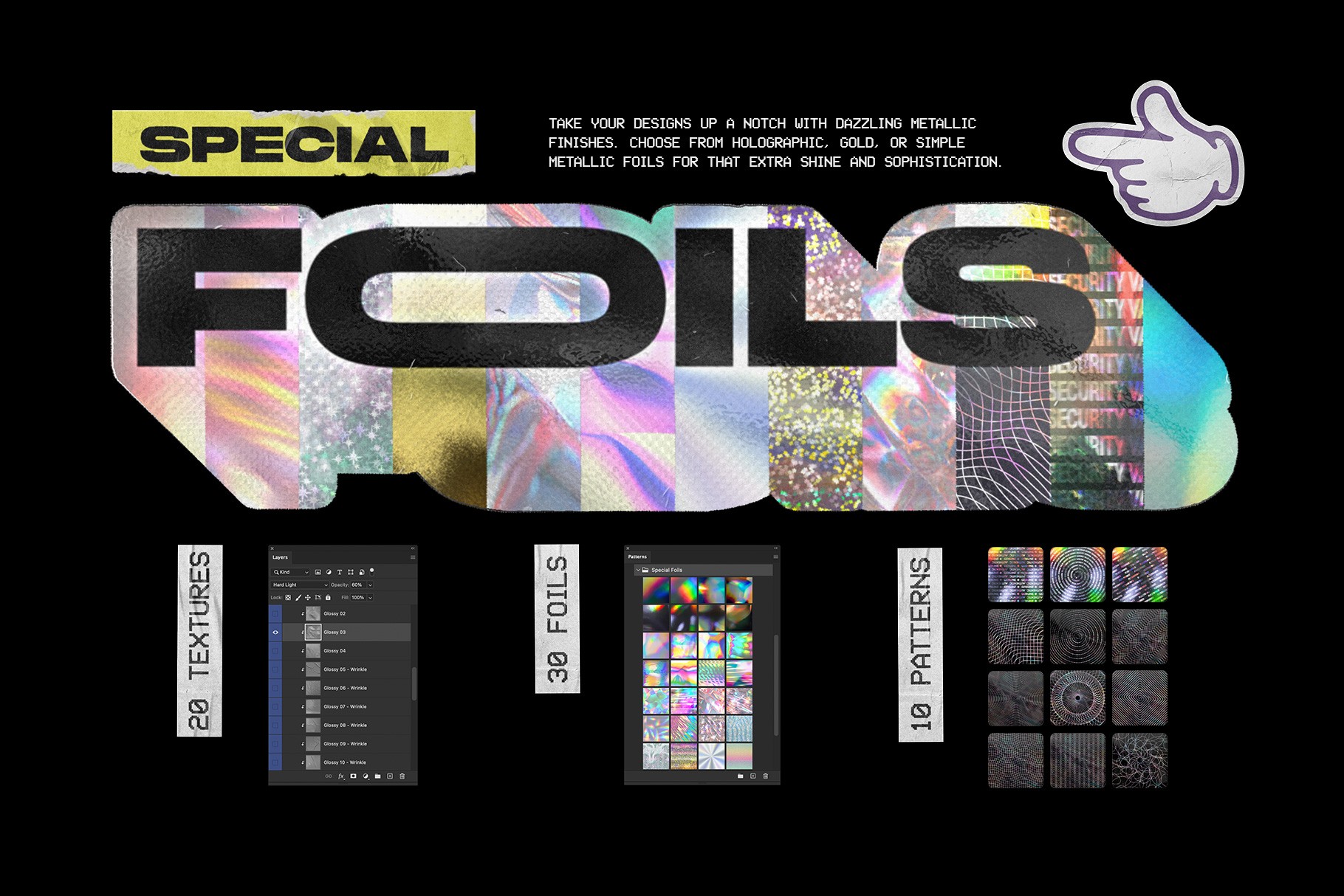 Sticker Labs metallic foil textures including holographic and security sticker patterns