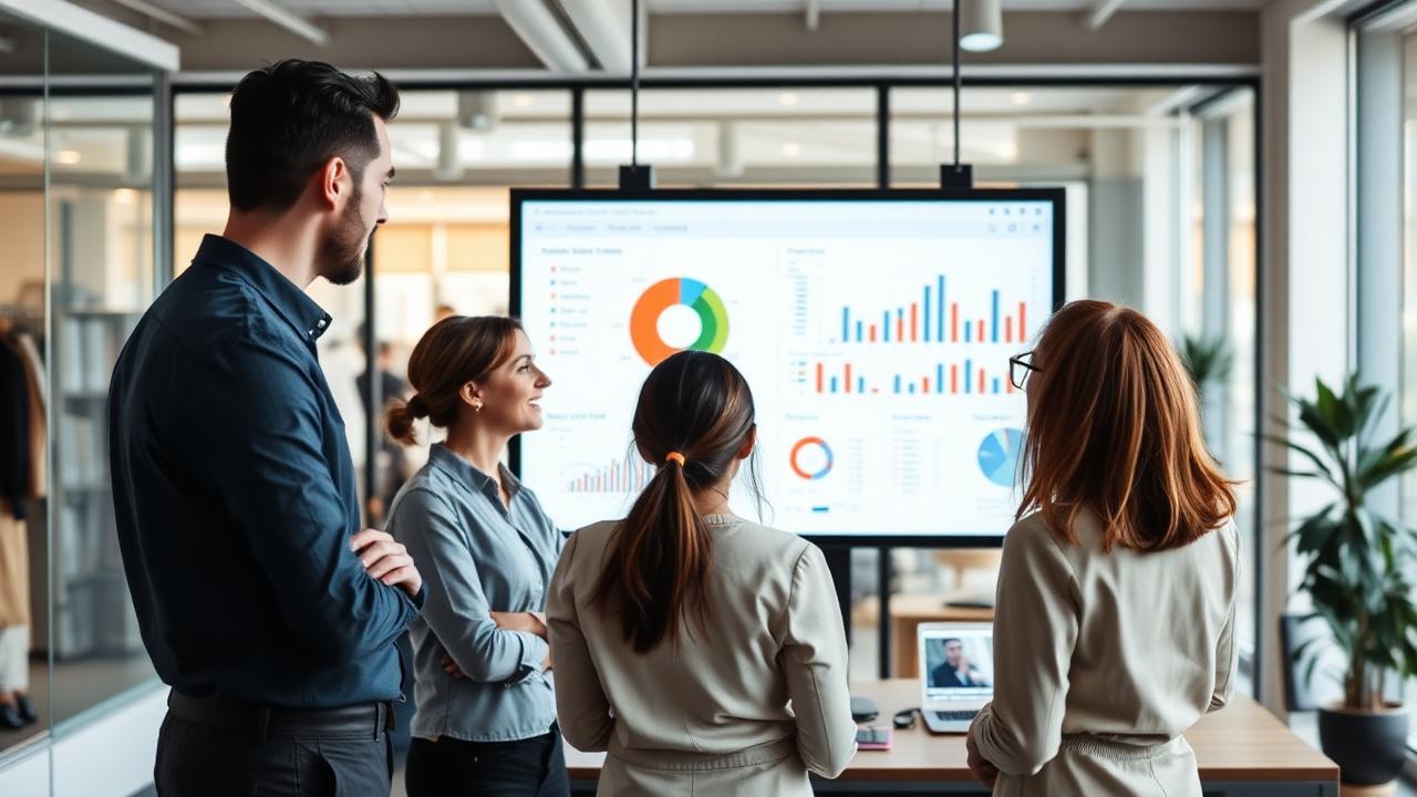 Team reviewing customer segment analytics on a large screen