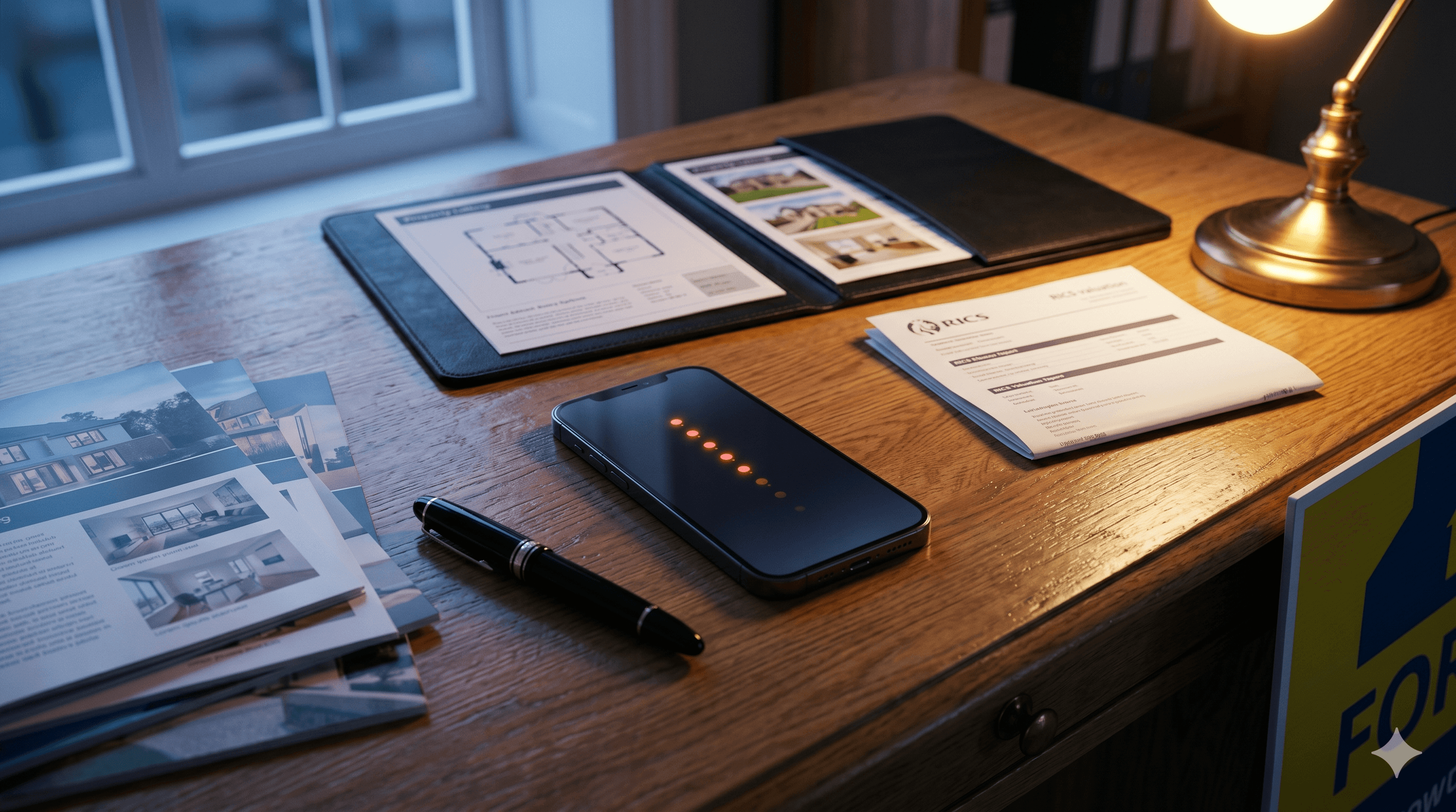 Smartphone on a UK estate agent's desk showing missed property inquiry notifications surrounded by glossy brochures — represents Rightmove and Zoopla portal leads going cold from slow response.