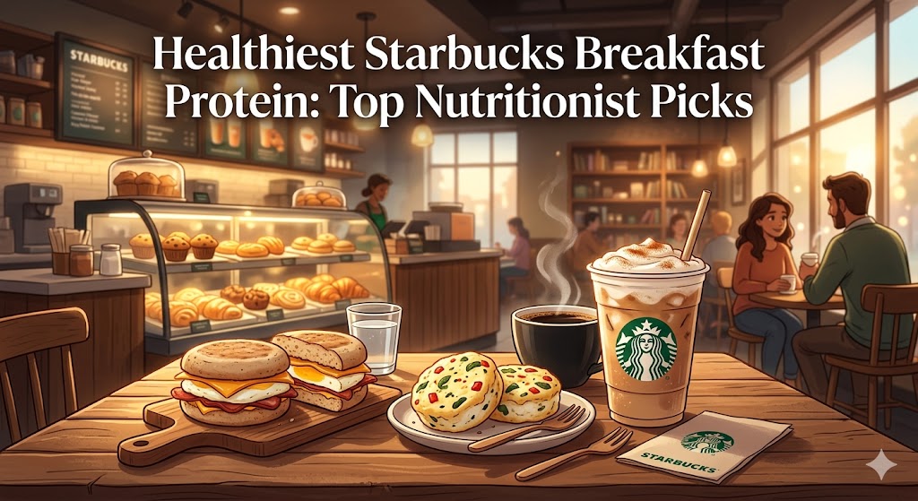 A cozy animated Starbucks cafe scene featuring a nutritionist-recommended high-protein breakfast spread on a wooden table, including a turkey bacon egg white sandwich, egg bites, and an iced latte with cold foam, set against a backdrop of glowing golden hour sunlight.