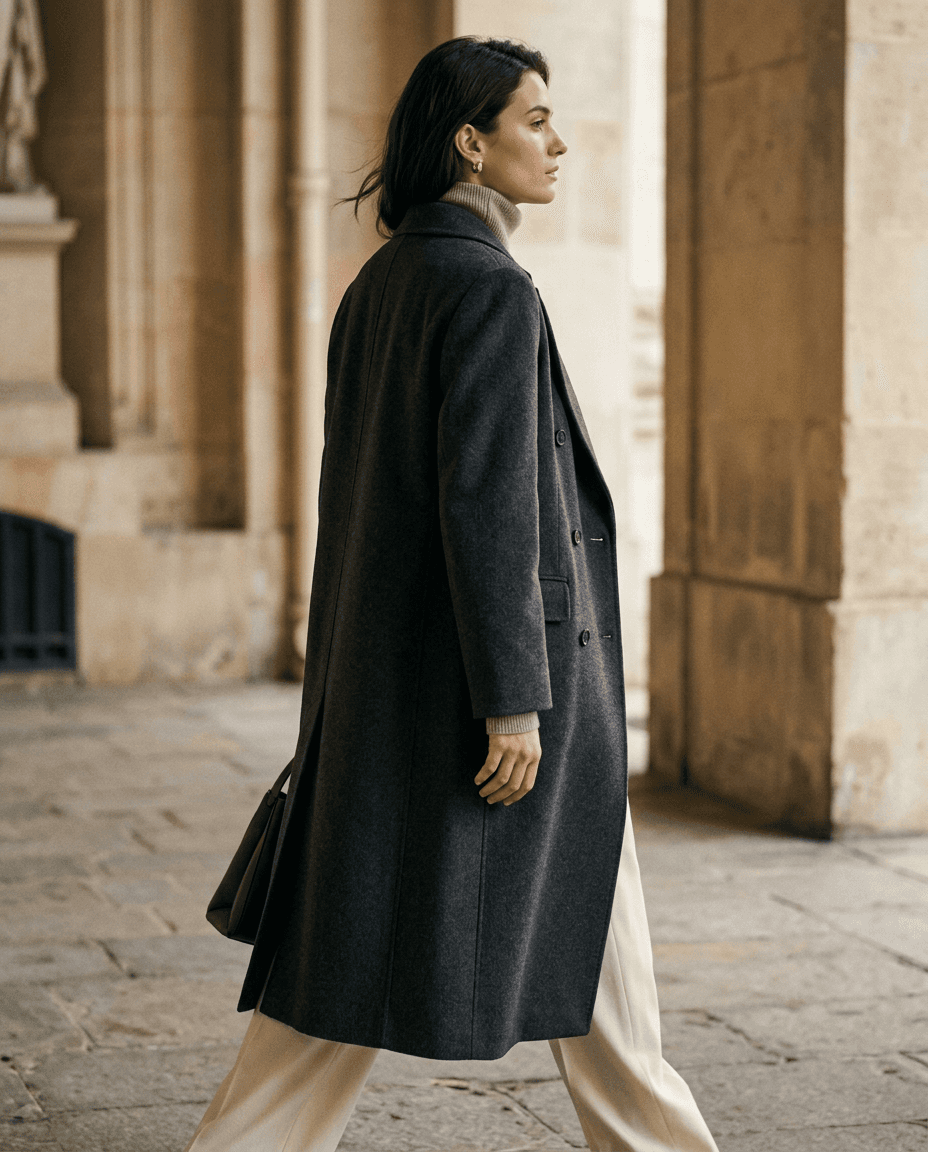 Double-Breasted Camel Cashmere Coat — Charcoal — styled