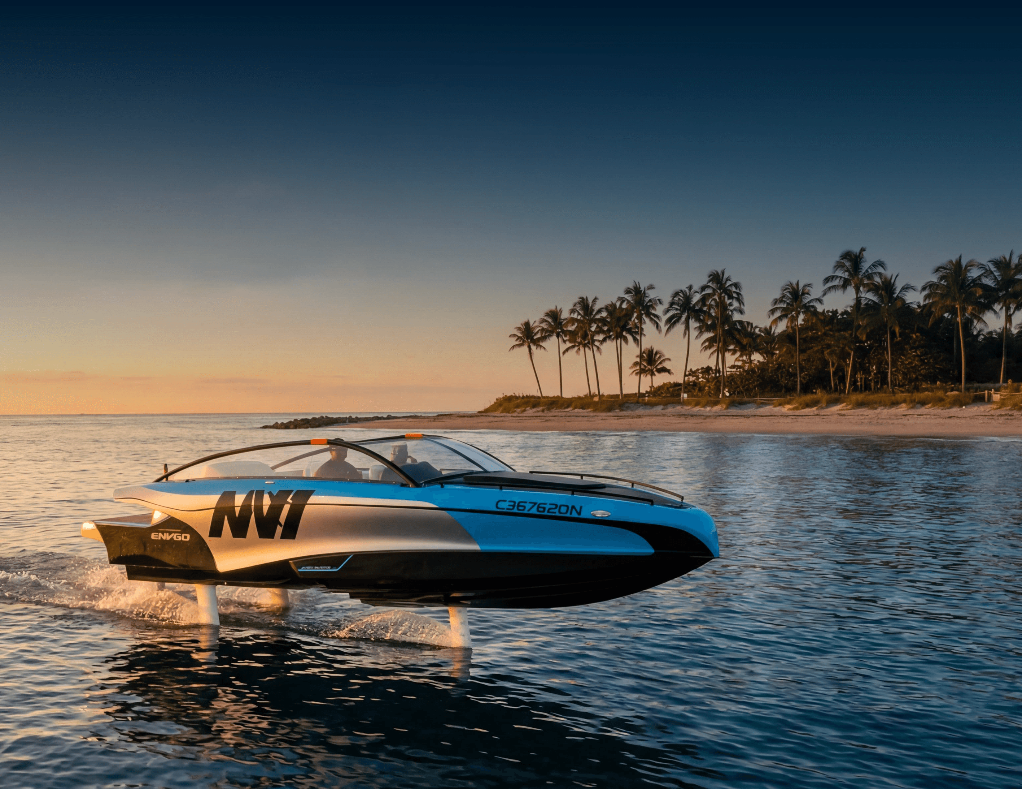 The NV1 boat gliding into the sunset
