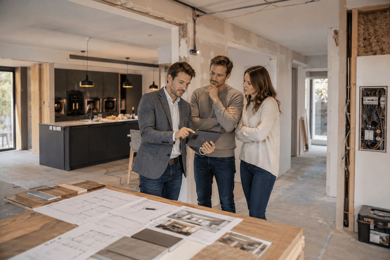 Architecte rénovation présentant une vision globale des travaux à des propriétaires