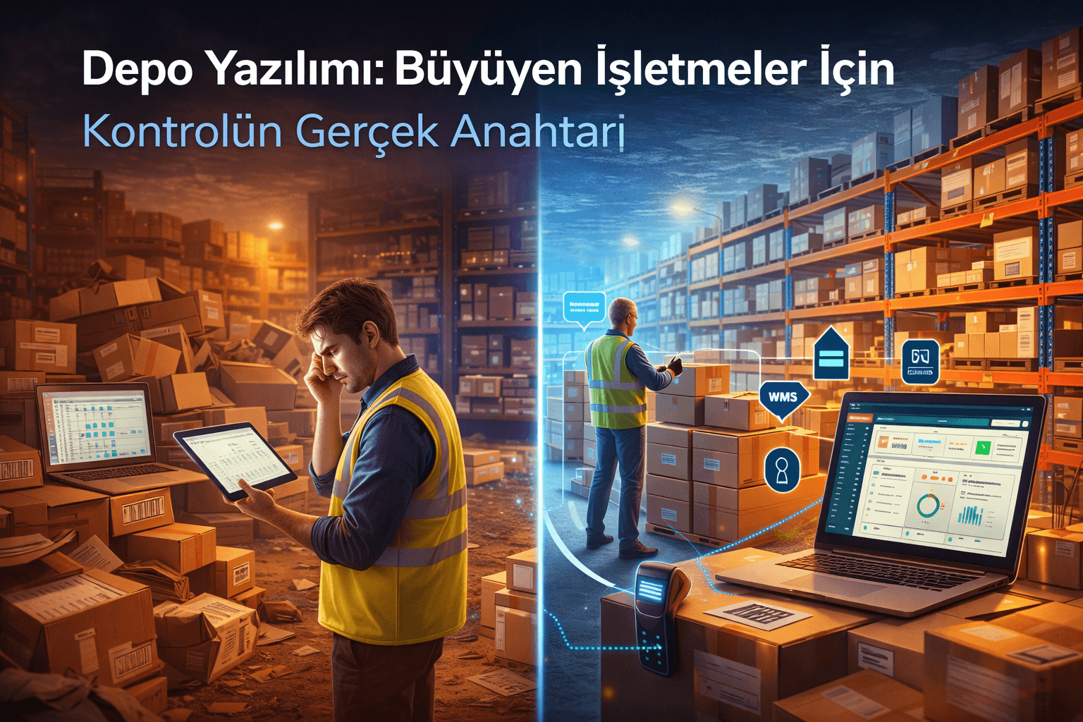 “Warehouse management software concept showing manual inventory handling versus digital warehouse system tracking”