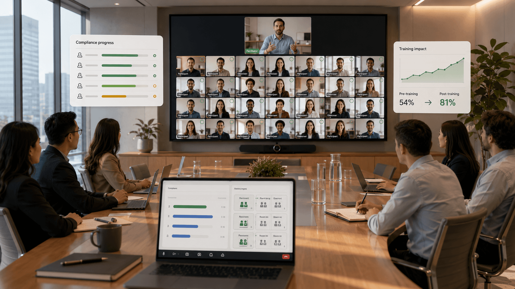 AI-powered virtual classroom showing enterprise training dashboard, participant grid, compliance progress, and training impact metrics.