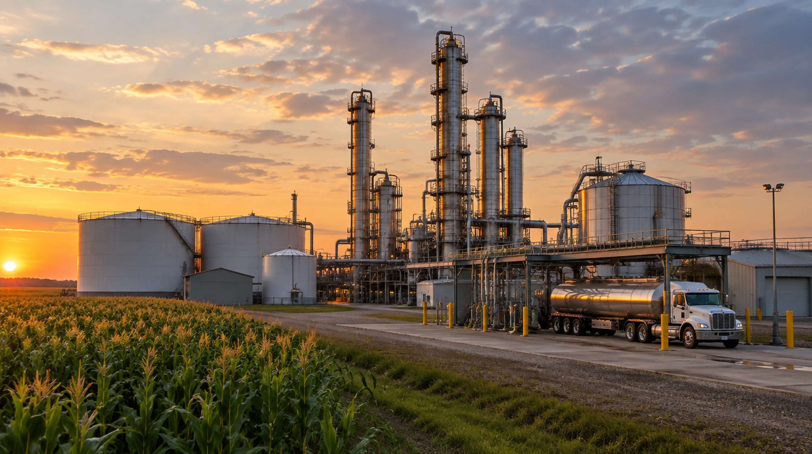 Biofuel ethanol refinery at sunset with distillation columns, storage tanks and a fuel tanker beside a cornfield