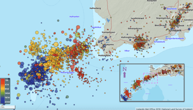 Map showing dense, colour-coded earthquake swarms along the Reykjanes Ridge and western Reykjanes Peninsula, with the largest clusters offshore near Eldey and southwest of Reykjanes.