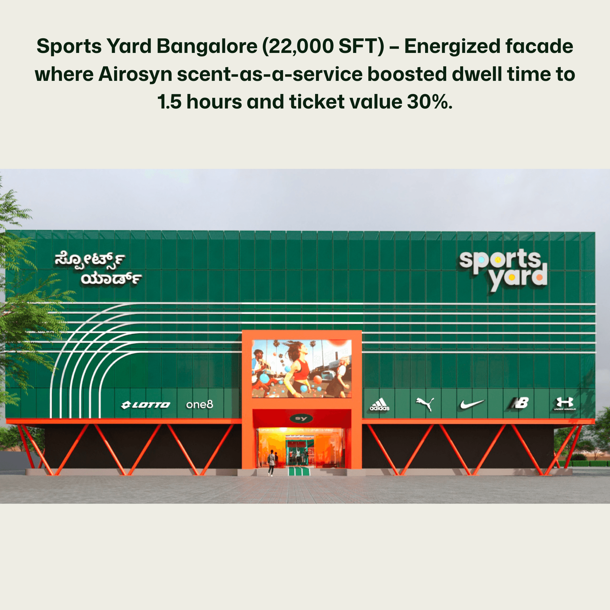 Sports Yard Bangalore exterior before Airosyn scent deployment, dwell time improvement case study