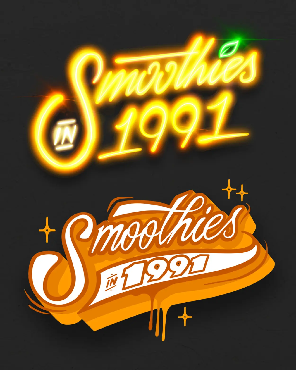 Custom intro graphics for Smoothies in 1991 music video featuring neon script lettering and layered 3D white script with orange color shades.