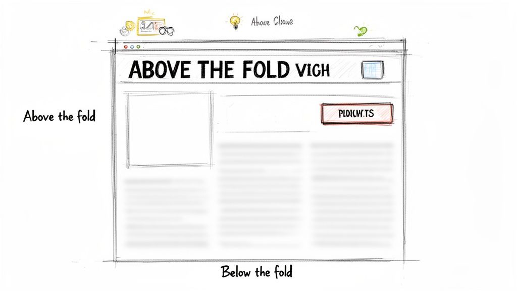 A hand-drawn webpage sketch illustrating 'above the fold' and 'below the fold' content areas, crucial for web design.